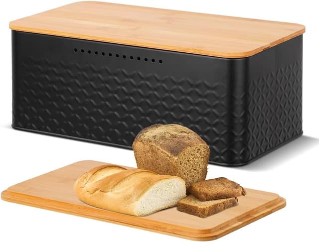 Detalle de Chuboir large bread bin: metal bread box with bamboo lid and cutting board