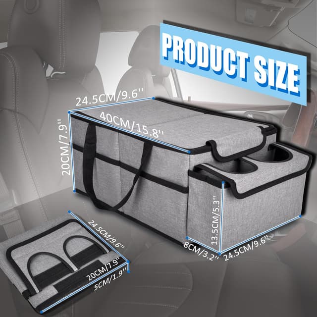 Detalle de GUWINA Car Backseat Organiser (Grey) with Lids and Straps – foldable multi-compartment storage for front, rear seats and boot