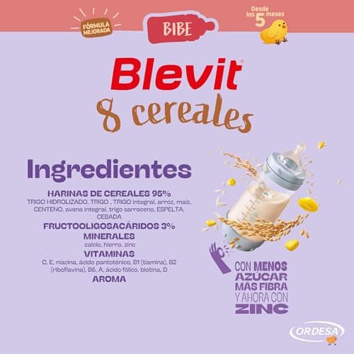 Detalle de Blevit Bibe 8 Cereales (500 g) – Papilla de 8 cereales desde los 5 meses con 14 vitaminas y minerales