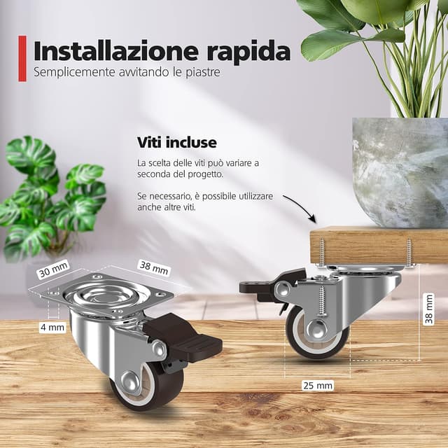 Detalle 2 de RAVN HAMAN set di 4 ruote pivottanti con freno per mobili da 25 mm, fino a 15 kg per ruota