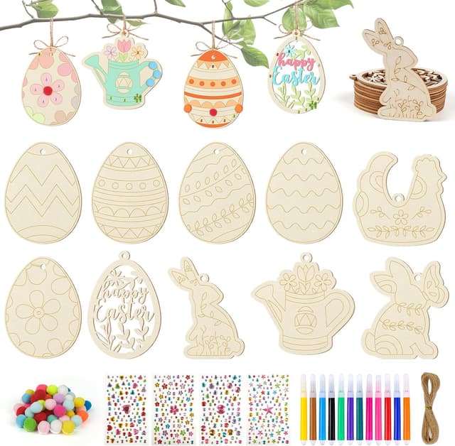 Detalle de ARTREE lot de 30 pendentifs en bois à peindre pour enfants (Pâques et printemps) avec stylos, autocollants, pompons et corde
