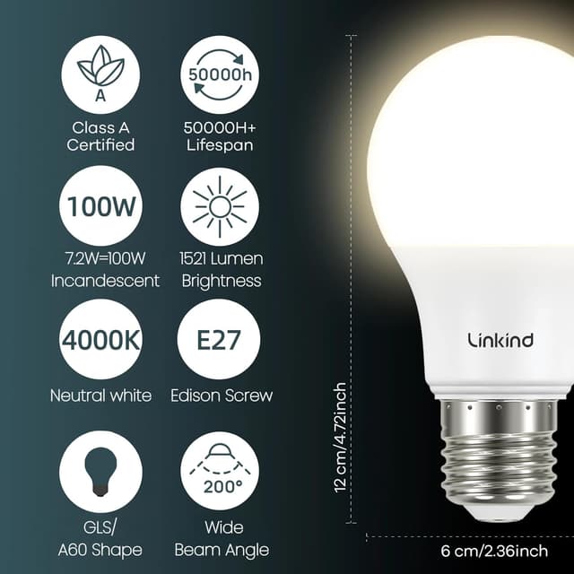 Detalle 2 de Linkind E27 LED Bulbs 7.2W (100W Equivalent) 4000K GLS A60, Non-Dimmable, Pack of 3