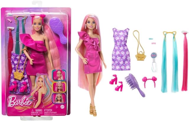 Detalle de Barbie Fun & Fancy Hair HKT96 doll with extra-long blonde hair and 10 styling & fashion accessories
