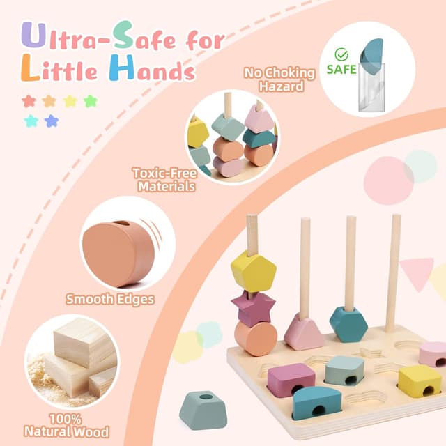 Detalle 2 de wotoyd Montessori Steckspiel & Fädelspiel aus Holz (ab 3–5 Jahren) – 3-in-1 Lernspielzeug