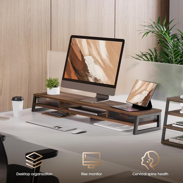 Thumbnail 6 de Fenge Dual Monitorständer Riser mit 2 Acryl-Schubladen, 2 Etagen – 108 cm, bis 45 kg (Braun)