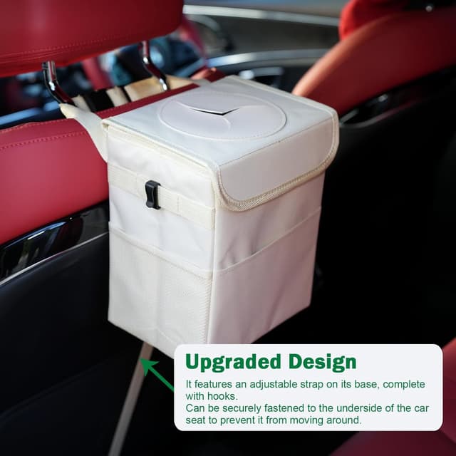 Detalle de Domemit Car Bin (2 Gallons / 8L) – Collapsible waterproof car trash can with lid, pockets & adjustable strap – Beige