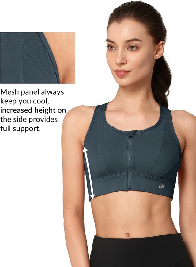 Detalle de Yvette High Impact Zip-Front Mesh Racerback Sports Bra (High Support) for Women