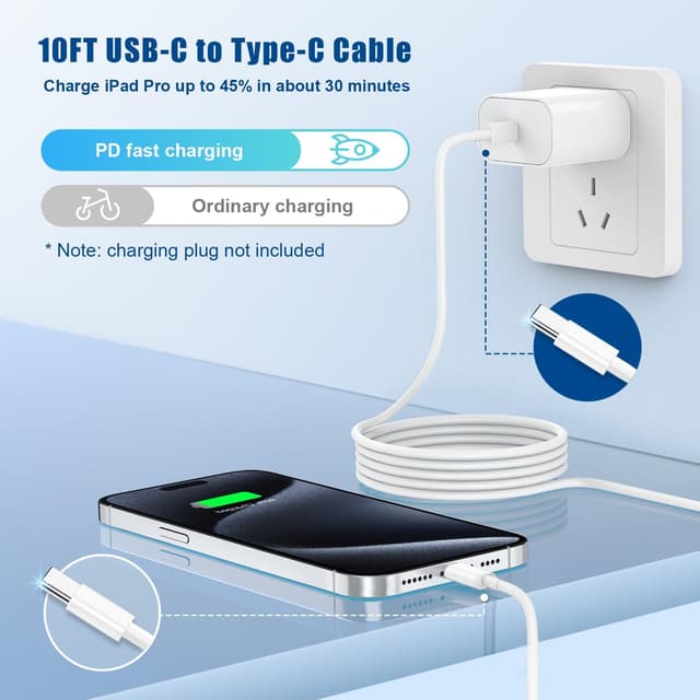 Detalle 2 de pukerehab Long USB C to C Fast Charger Cable 10ft 60W