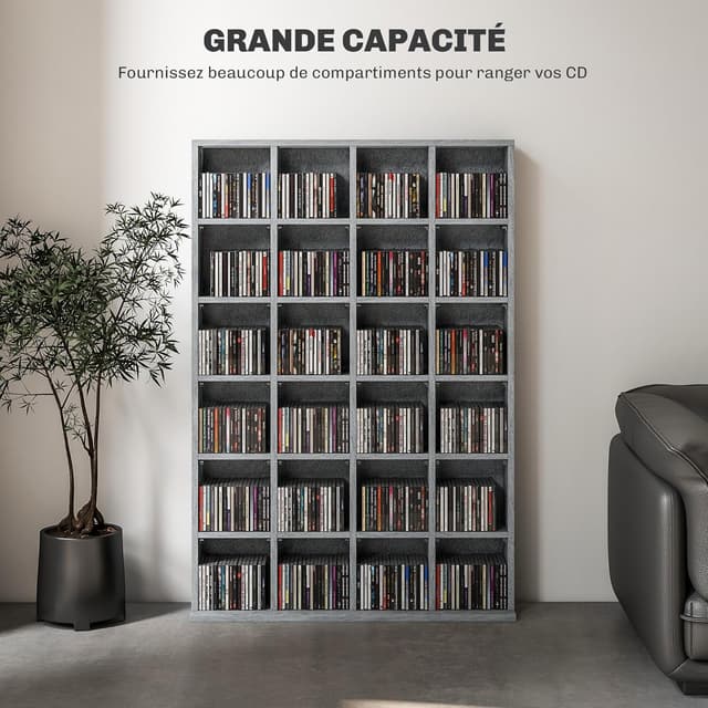 Detalle de HOMCOM Meuble de rangement multimédia pour CD/DVD avec 24 compartiments et étagères réglables, 89 x 20 x 130,5 cm, gris