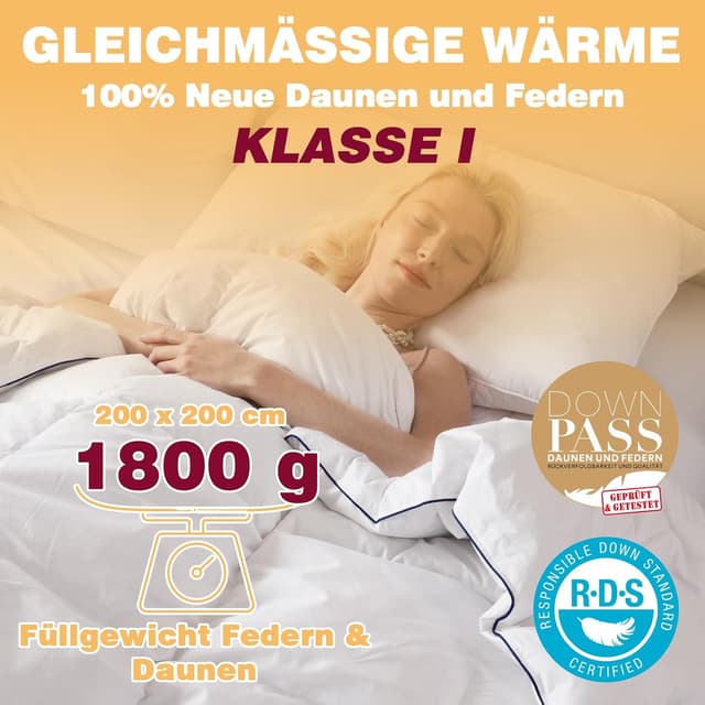 Detalle de BedFabtasy Feder- und Daunendecke 200x200 cm (Oeko-Tex, RDS) – Ganzjahresbettdecke für Allergiker