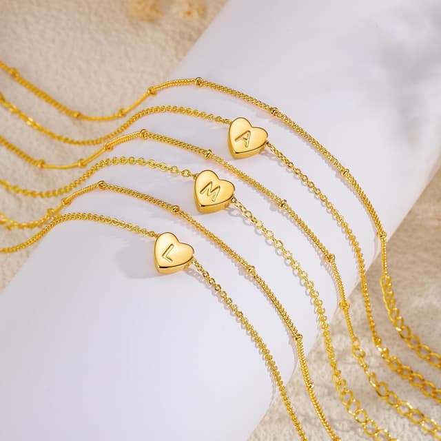 Detalle de TINGN Gold Silber Herz Armband Damen mit Initial-Herzanhänger (14K Gold/Weißgold vergoldet)