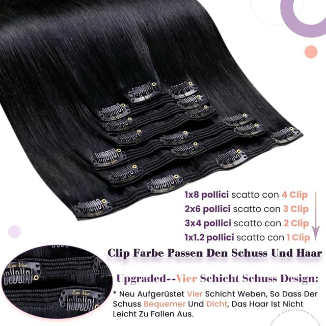 Detalle de LaaVoo Extension Capelli Veri Clip 135g, 7 pz Nero Naturale (40 cm) con clip