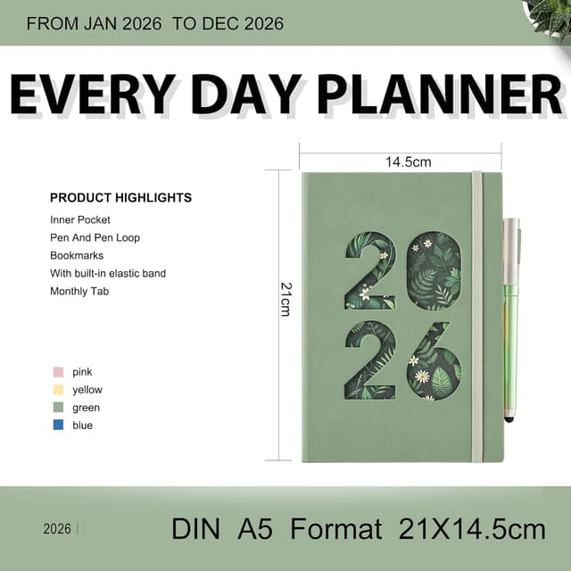 Detalle de 2026 A5 Page-a-Day Diary (Jan–Dec 2026) with Pen Loop, Tabs & Inner Pocket – Green Stickers