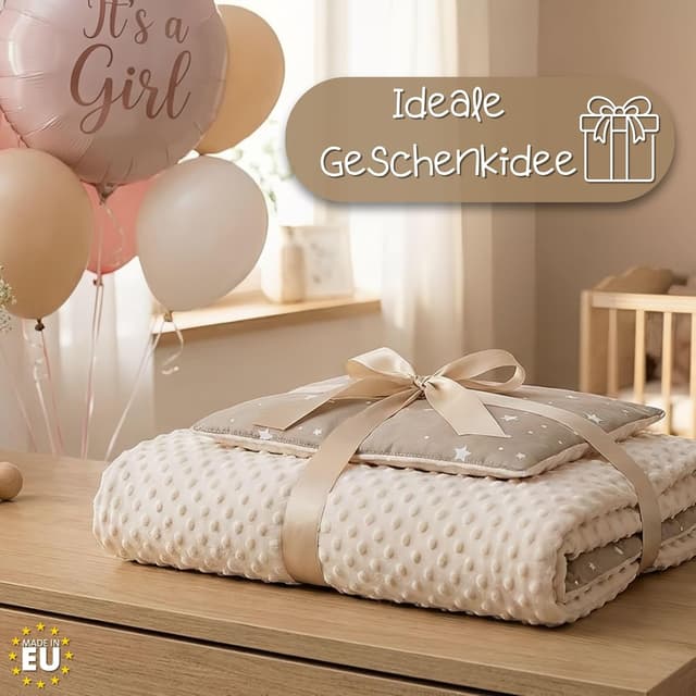 Detalle 2 de Babydecke & Kuscheldecke Winterdecke mit Plüschstoff (75x60 cm + Kissen 35x30 cm oder 75x100 cm) – Oeko-Tex