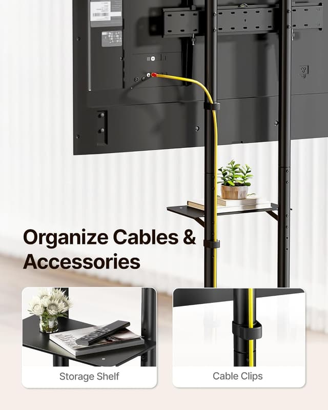 Detalle de ECOTINY Rolling TV Stand for 32–85" with 70 kg load capacity, tilt and locking wheels (Black)