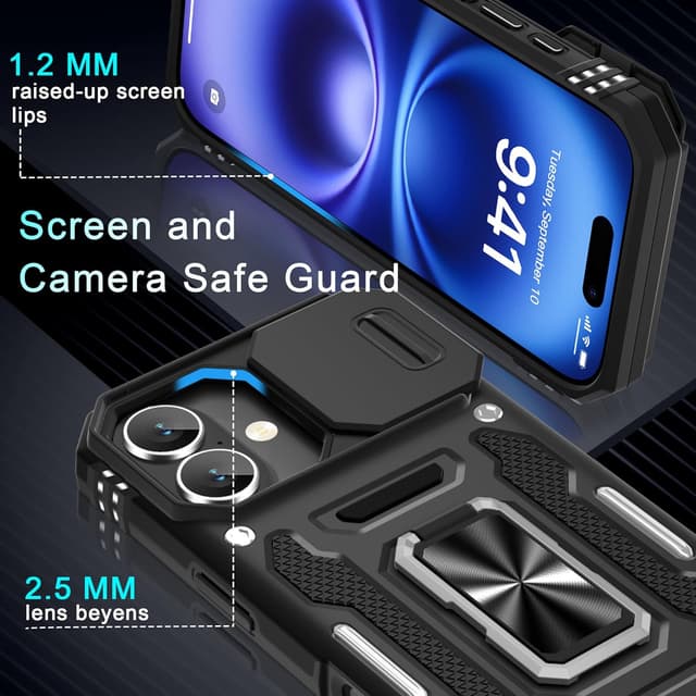 Detalle de DEERLAMN Armor Case for iPhone 17 6.3-Inch (2025) with Slide Camera Cover + Rotated Ring Kickstand, Black (2 Packs)