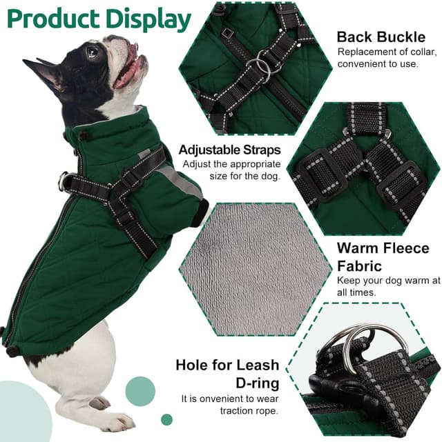 Detalle 2 de CITÉTOILE Warmer Hundejacke mit Geschirr für kaltes Wetter (Winddicht, Reißverschluss, reflektierende Streifen) – Grün, L