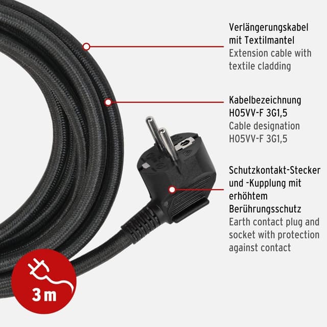 Detalle de Brennenstuhl rallonge textile d’intérieur 3 m avec interrupteur rotatif éclairé (noir)