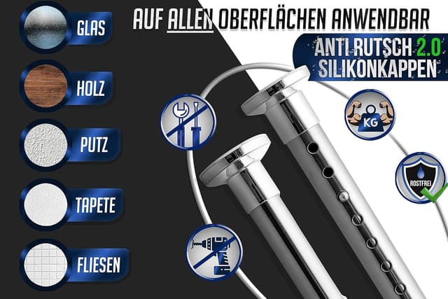 Detalle de MEISENBERG Duschstange ohne Bohren (310–360 cm, Silber) – Teleskopstange zum Klemmen, Ø 32 mm