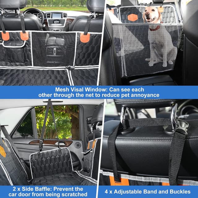 Detalle de OneAmg Hundedecke Auto für Rückbank mit Sichtfenster, Seitenschutz & Sicherheitsgurt (130 x 139 cm)