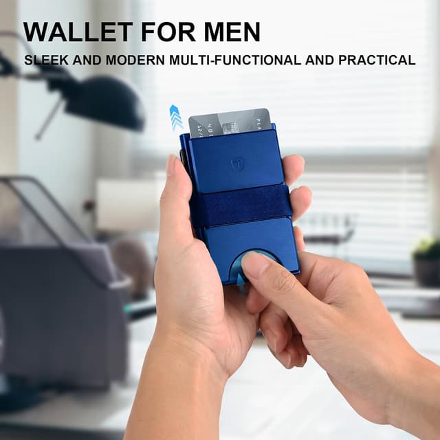 Detalle de TOYFID Smart Wallet für Herren: Kartenhülle für bis zu 12 Karten inkl. RFID-Blocker & Auswurftaste, Aluminium, Blau