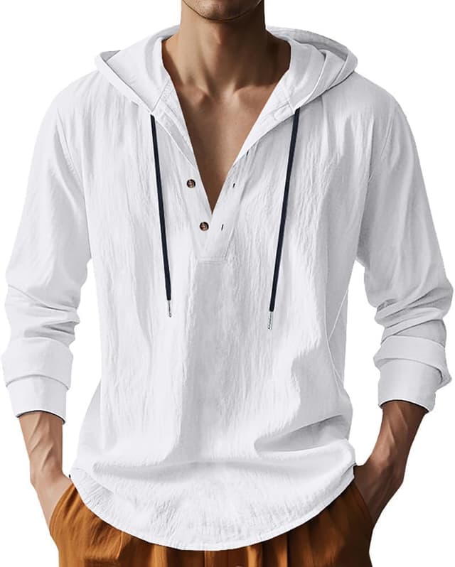 Detalle de TRFIC Men’s Cotton Linen Hooded Long Sleeve Button-Down Shirt for Casual, Beach & Yoga