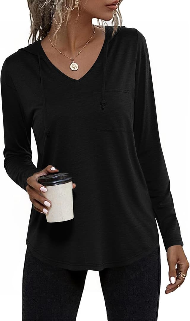 Detalle de Sweat à capuche femme Aottori col V ample, manches longues — mélange polyester/viscose/élasthanne