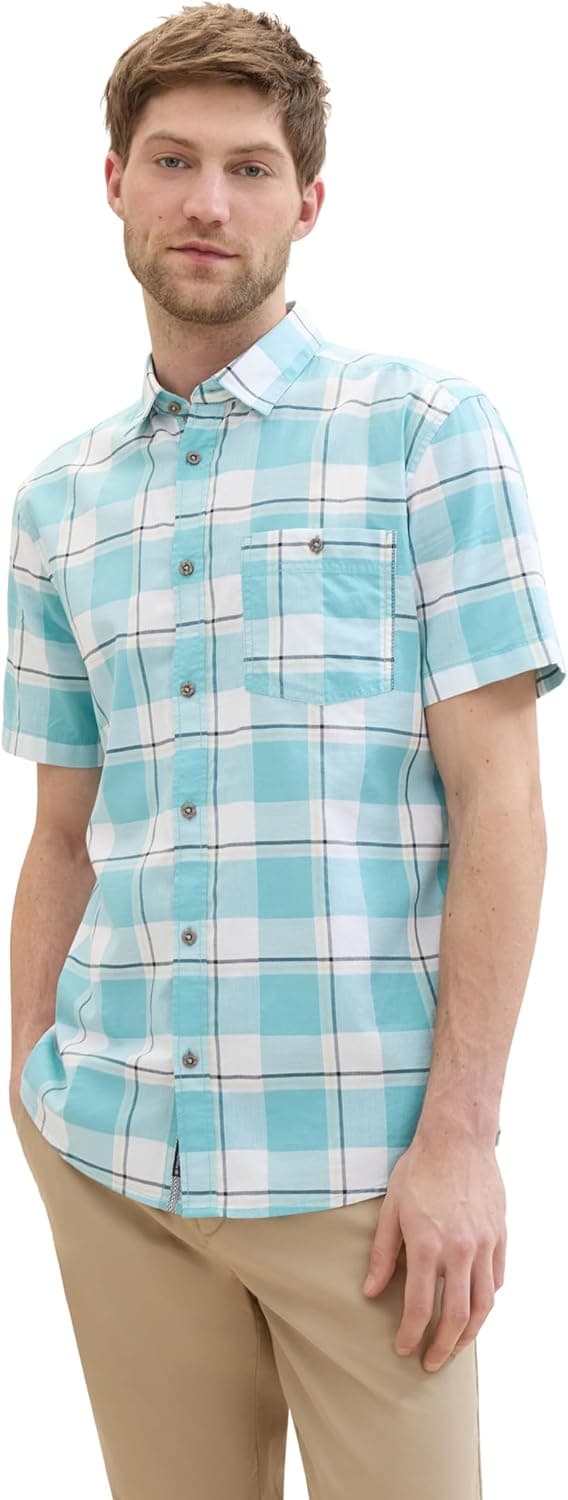Detalle de TOM TAILOR Camicia Uomo a quadri con taschino e manica corta