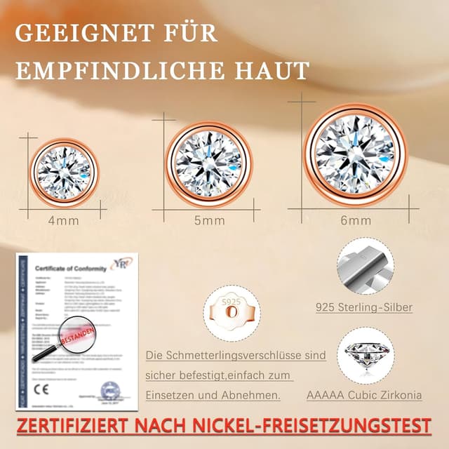 Detalle de Bewenda Ohrringe Silber 925 Stecker mit Zirkonia (4/5/6 mm) – Hypoallergen, Schlafen-geeignet in Geschenkbox
