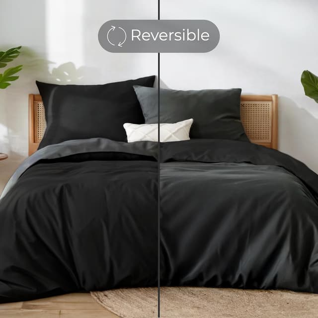 Detalle 2 de Dreamzie Housse de couette 200x240 réversible en coton noir (parure 3 pièces, Oeko-Tex)