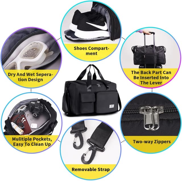 Detalle de Fioretto FIORETTO 35L Damen Sporttasche: faltbare Reisetasche mit Schuhfach & Nassfach