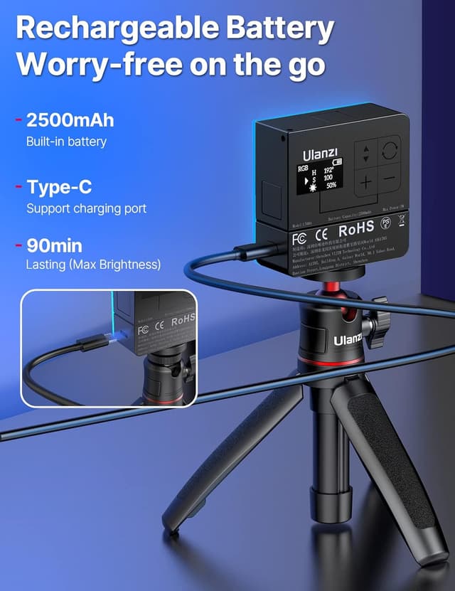 Detalle 2 de ULANZI VL49 Pro RGB Videoleuchte mit 2500-mAh-Akku, Magnet-Adsorption und 20 Lichteffekten