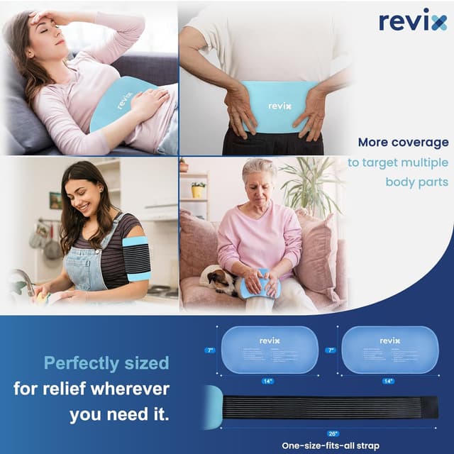 Detalle de REVIX reusable gel ice packs 14" x 7" (2 pack) with strap for back, shoulder, hip & thigh