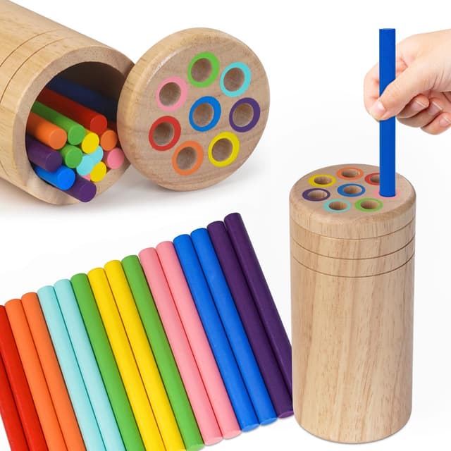Detalle de Joozmui Montessori Holzspielzeug zum Sortieren & Stapeln (ab 1–2 Jahren) – 16 Stäbe in 8 Farben