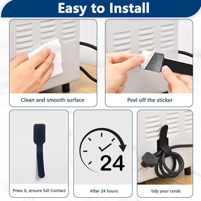 Detalle de Abnii 50 PCS Under Desk Cable Management Clips & Hook-and-Loop Ties (White, Small)