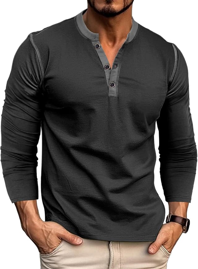 Detalle de Henley Shirt Herren Langarmshirt mit V-Ausschnitt aus Baumwollmischung