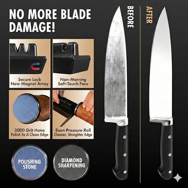 Detalle de LavaRose Rolling Knife Sharpener for Kitchen Knives (5-in-1 Base) with 15°/20° Magnetic Angle Guide