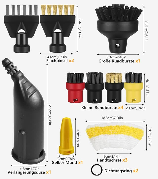 Detalle de ZHEHNSA 14-teiliges Zubehör-Set für Kärcher Dampfreiniger der Serien SC1–SC5 inkl. Verlängerungs- und gebogener Düse, Rundbürste & Fugendüse