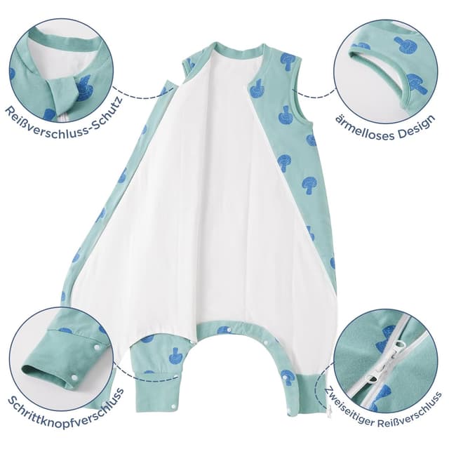 Detalle 2 de Duomiaomiao Schlafsack mit Füßen 1,5 TOG aus 100% Baumwolle für Jungen (2–3 Jahre)