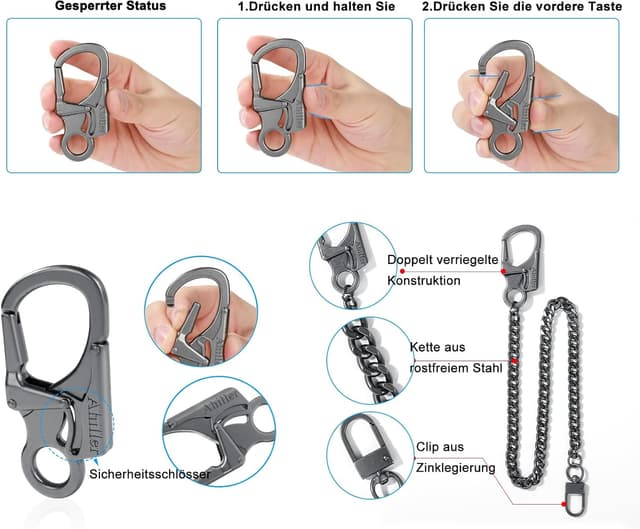 Detalle de Chaîne de portefeuille homme Ahiller avec mousqueton en alliage et chaîne en acier inoxydable (gris acier)