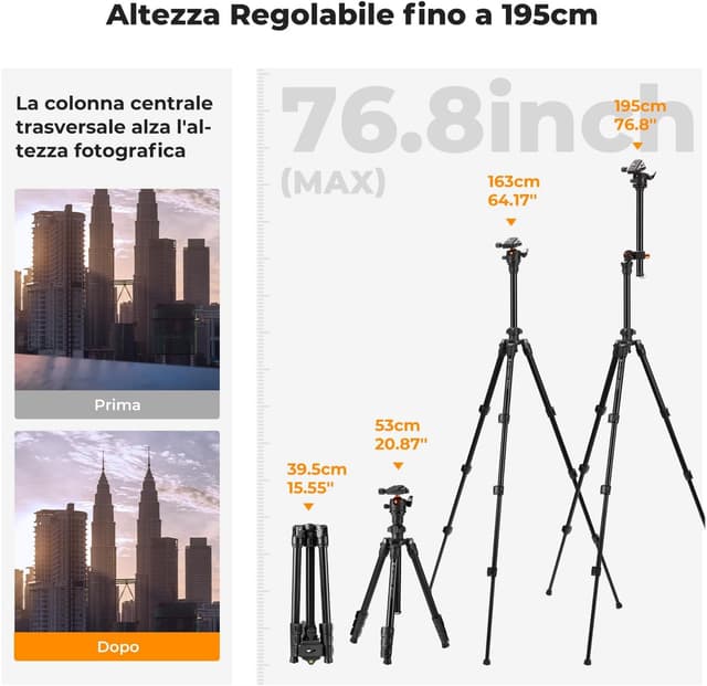 Detalle 2 de K&F Concept Treppiede da viaggio 195 cm per fotocamera e smartphone