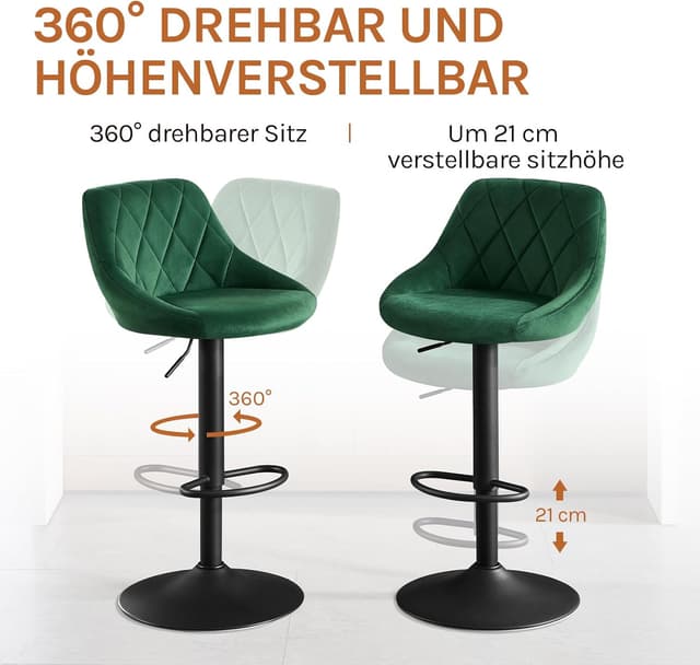 Detalle 2 de WOLTU Barhocker 2er Set mit Lehne, höhenverstellbar & drehbar (dunkelgrün)