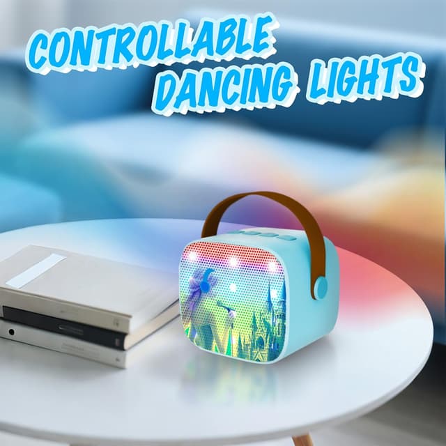 Detalle de CINKOLA Kids Frozen karaoke machine with 2 wireless microphones (Bluetooth, LED lights, voice effects)