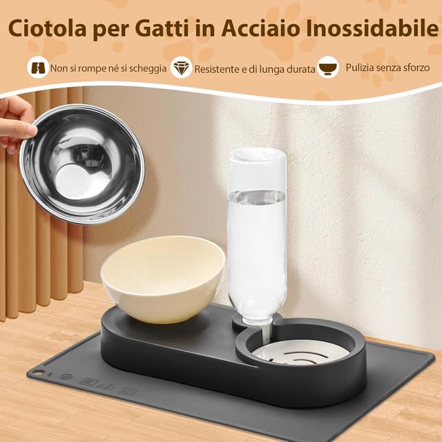 Detalle 2 de Marchul ciotole rialzate per gatti con supporto inclinato 15°, acciaio inox e bottiglia d’acqua a gravità da 500 ml