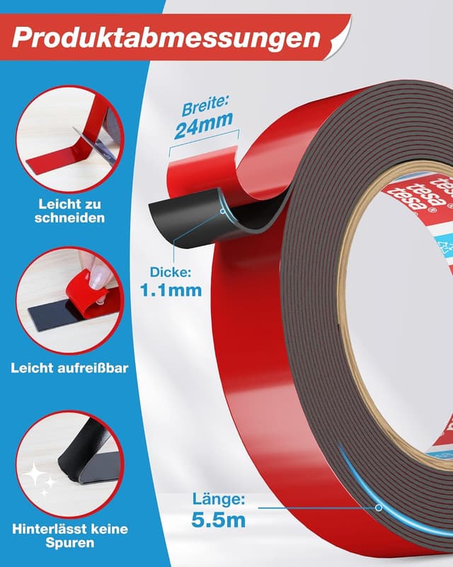 Thumbnail 2 de Emitever 6411 Doppelseitiges Klebeband 24 mm x 5,5 m Schwarz