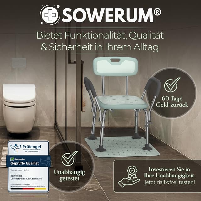 Thumbnail 6 de Duschstuhl für Senioren mit Rückenlehne und Armlehnen (bis 150 kg) – rutschfest mit Antirutschmatte