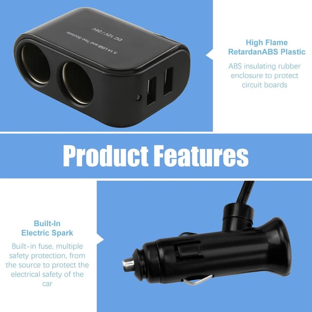 Detalle de ltteea Car Cigarette Lighter Splitter + Dual USB Charger (2 Sockets, 12V/24V) for Dash Cam, GPS and Phones
