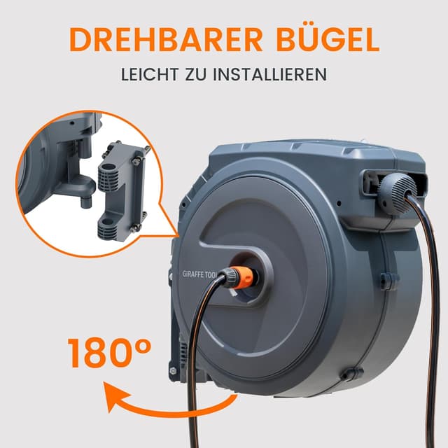 Detalle de Giraffe Tools wandmontierte Schlauchbox 35 m inkl. 2 m Anschlussschlauch – automatischer Gartenschlauch-Aufroller mit 180° Schwenkarm und 7 Musterdüsen