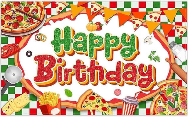 Detalle de Luminora 72x43 inch pizza-themed birthday backdrop in red and green