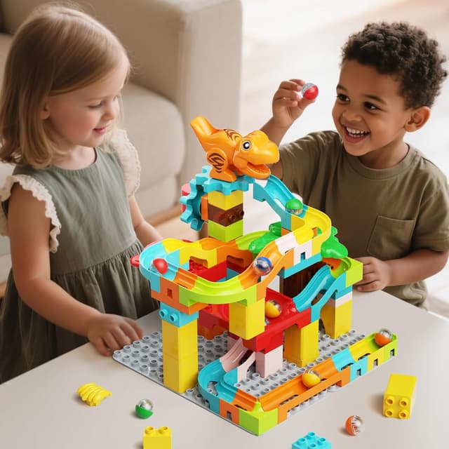 Detalle de burgkidz Murmelbahn Bausteine 90-teilig Dino-Kugelbahn für Kinder ab 3 Jahren